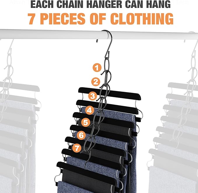 NiHome Clothing Chain Hangers 10-Pack for Home, Office & Travel, Metal Closet Organizer Space Saving Hangers with Safety Cap for All Garment Types, Wrinkle-Reducing 7-Loop Retractable Design (Black)