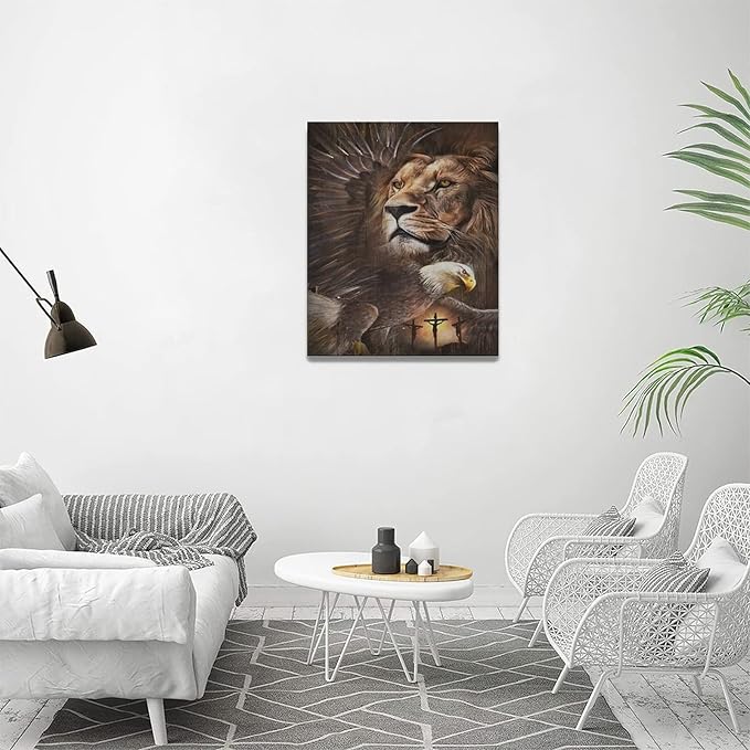 Lion Eagle Wall Art - Christian Lion Of Judah Canvas Prints - Masculine Modern Home Decor For Men - Living Room, Bedroom, Bathroom - Framed 16"x20"