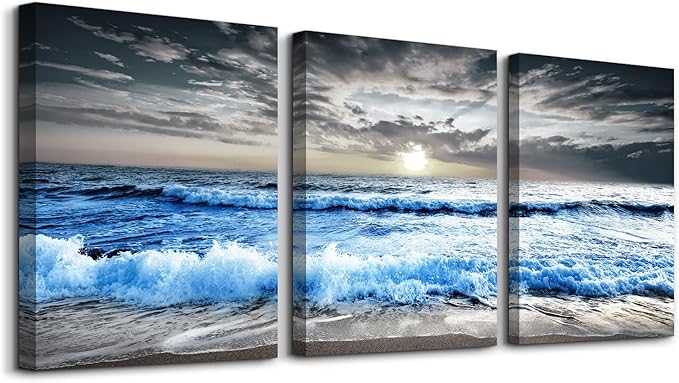 MHARTK66 3 Piece Canvas Wall Art - Blue Ocean Wave Seascape Pictures - Bedroom, Living Room, Office Wall Decor - Modern Home Decor