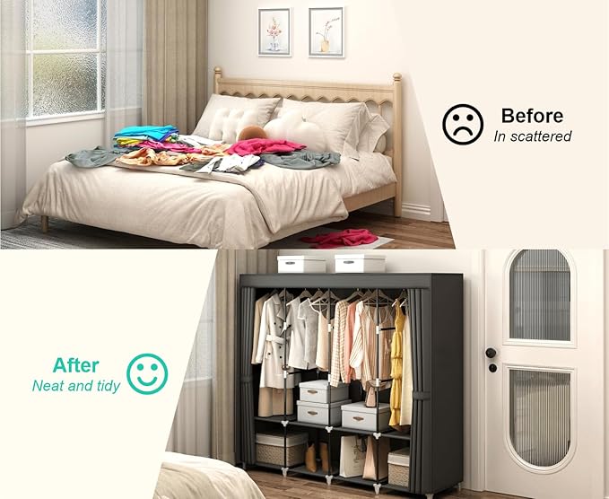 Portable Closet Wardrobe, 67-Inch Clothes Organizer with 4 Hanging Rods and 8 Shelves, Non-Woven Fabric Cover, Large Capacity Storage for Bedroom and Living Room, Black