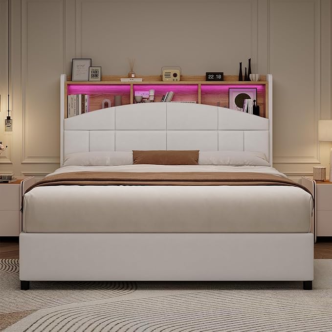 Queen Bed Frame with Headboard, Velvet Upholstered Bed Frame with LED Lights, Queen Platform Bed with Wooden Slats Support, No Box Spring Needed, No Noise, Beige