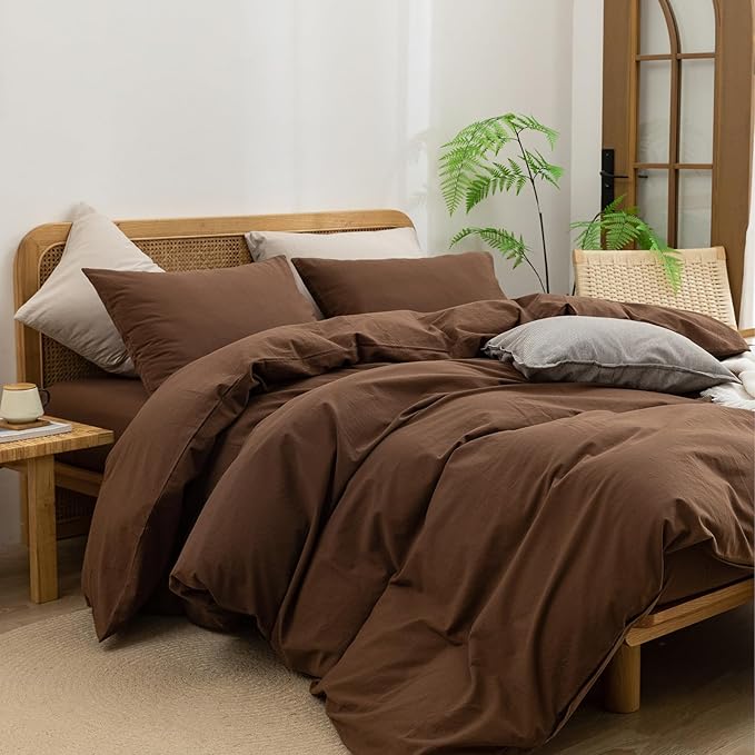 BESTOUCH Duvet Cover Set 100% Washed Cotton Linen Feel Super Soft Comfortable Chic Lightweight 3 PCs Home Bedding Set Solid Cocoa Brown Oversized King