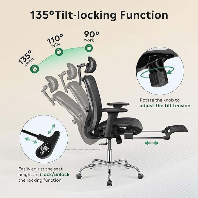 DEVAISE Ergonomic Mesh Office Desk Chair, Retractable Footrest and Adjustable Lumbar Support, Comfy High Back Reclining Computer Gaming Chair, Tilt Function, Heavy Duty, SGS Class 4 Gas Lift, Black