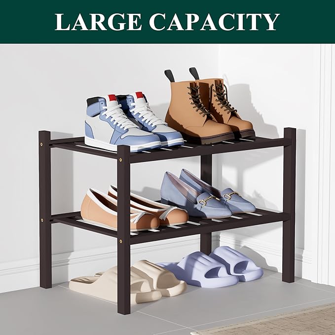 Smiry Bamboo Shoe Rack for Closet, 2 Tier Small Wooden Stackable Shoe Organizer, Free Standing Shoes Storage Shelf for Entryway, Front Door Entrance, Brown