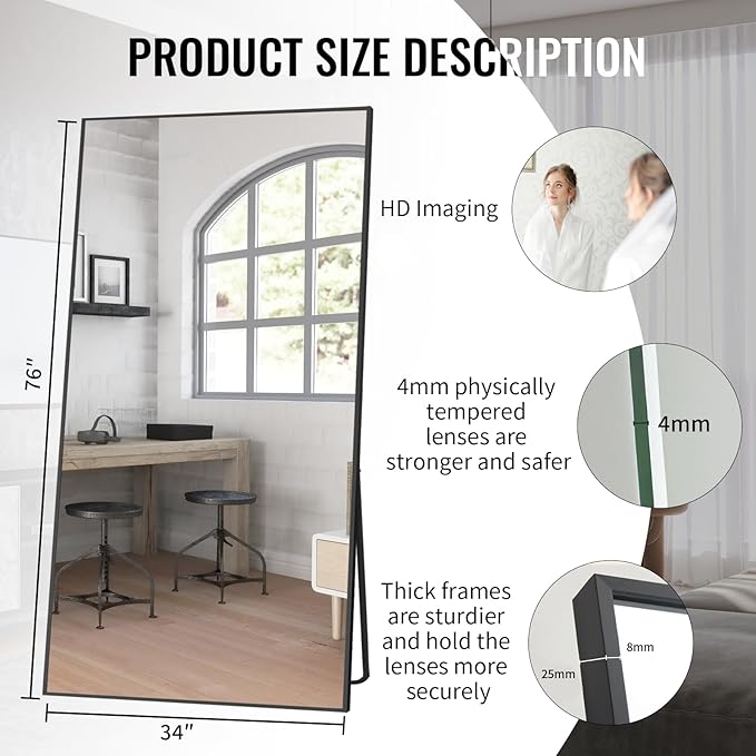 Beauty4U 76" x 34" Large Full Length Mirror with Stand, Black Wall Mounting Full Body Tempered Mirror, Metal Frame Full-Length Mirror for Living Room, Bedroom