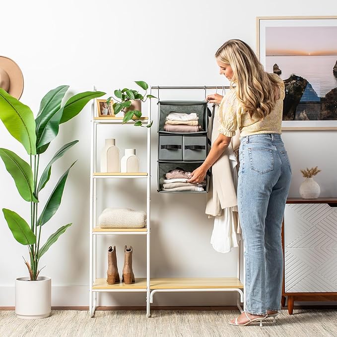 SMIRLY 6 Shelf Hanging Closet Organizer Hanging Shelves, Closet Hanging Organizer with 2 Sturdy Hooks for Wardrobe, Nursery, Storage (Grey, 3 Shelf)