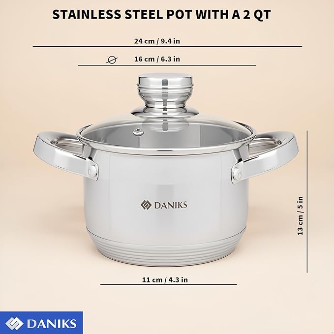 Daniks Standard Stainless Steel Stock Pot with Glass Lid – Induction 2 Quart, Dishwasher Safe, Measuring Scale, For Soup, Pasta, Stew, Silver