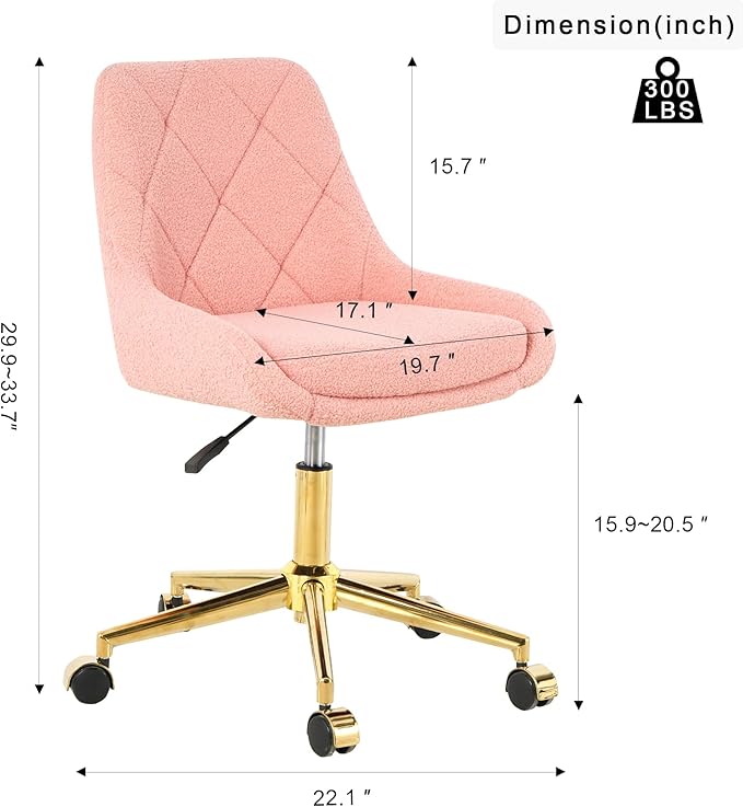 Furnimart 360° Swivel Rolling Desk Chair, Height Adjustable Vanity Chair with Gold Legs, Pink Cute Task Chair with Wheels for Dorm Bedroom Studying Small Places (Teddy Pink)