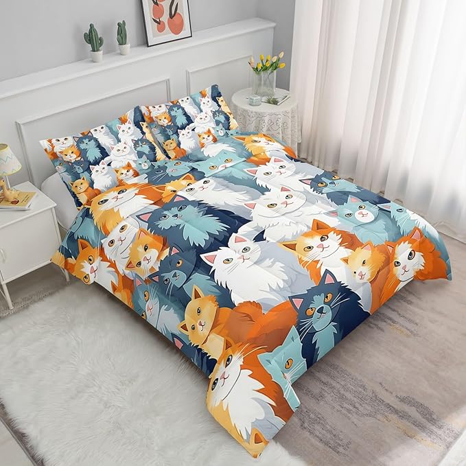 Kids Comforter Set Cute Cats Printed Pattern Bedding Set with 1 Comforter and 2 Pillowcases for Girls Boys Bedroom All Season(Cat Full)