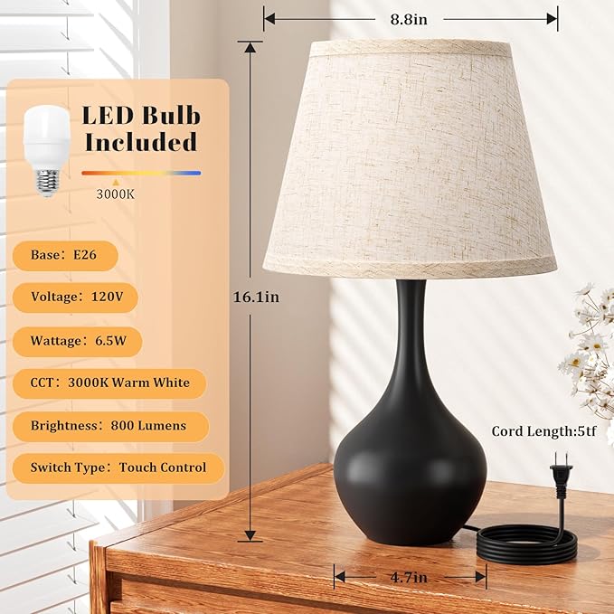 Seealle Touch Table Lamp for Bedroom, 3-Way Dimmable Small Bedside Lamps for Night Stands with Wires, Black Desk Lamp for Kids Room, Office, Living Room, End Table(LED Bulb Included)