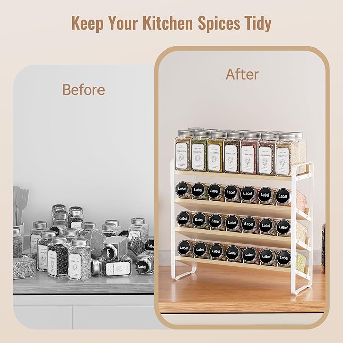 MUDEELA 4 Tier Spice Rack Organizer for Cabinet, Vertical Spice Shelf, Wooden Material, Seasoning Organizer for Countertop, Kitchen, Pantry, Freestanding, 13.4" W × 11.2" H (No Jars Included), White