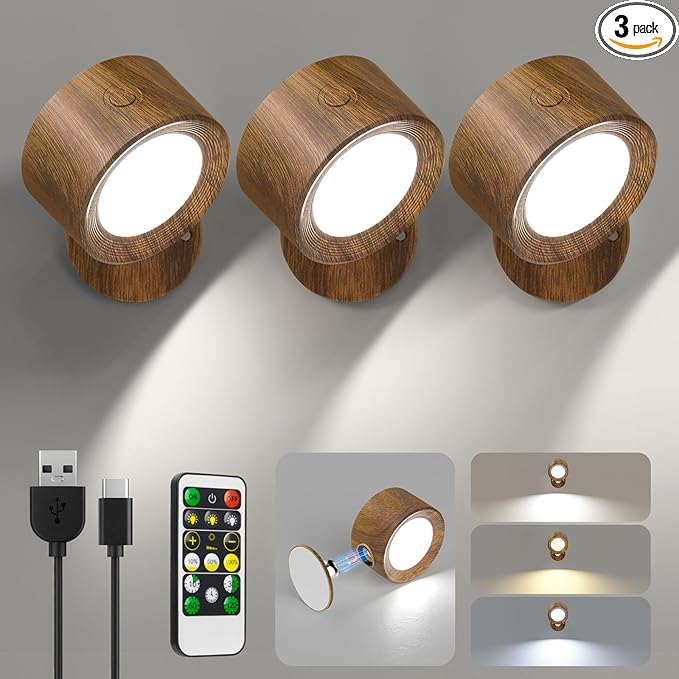Lightbiz LED Wall Lights, Wall Sconces 3 Pcs with Remote Rechargeable Battery Operated, 3 Color Temperatures & Dimmable Wall Lamp Magnetic 360° Rotation Wireless Light for Bedroom Living Room