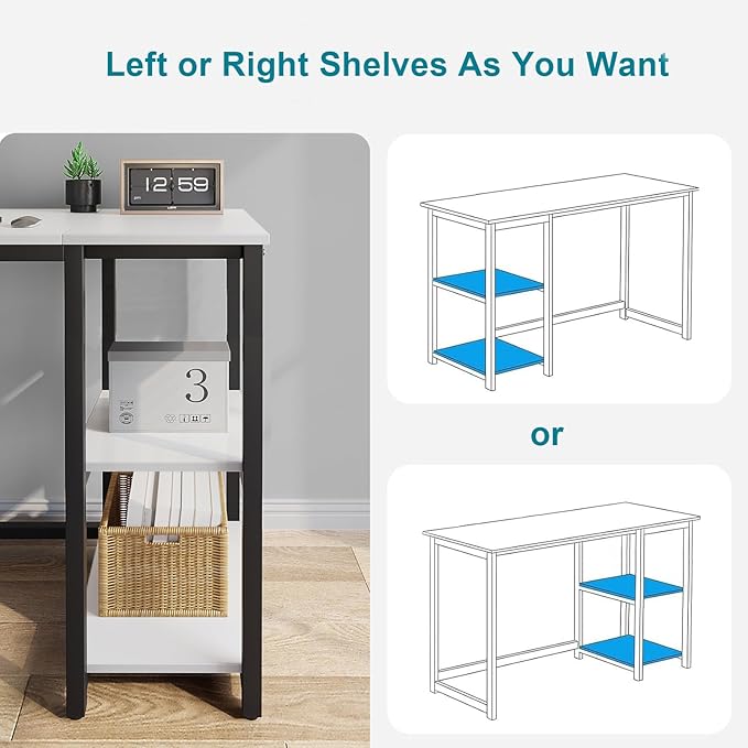 SINPAID Computer Desk 47 inches with 2-Tier Shelves Sturdy Home Office Desk with Large Storage Space Modern Gaming Desk Study Writing Laptop Table, White Desk