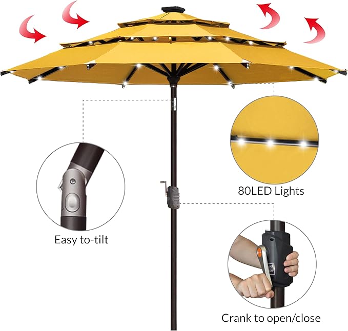 EliteShade USA 10-Year-Non-Fading Solar 9ft 3 Tiers Market Umbrella with 80 LED Lights Patio Umbrellas Outdoor Table with Ventilation,Sunflower Yellow