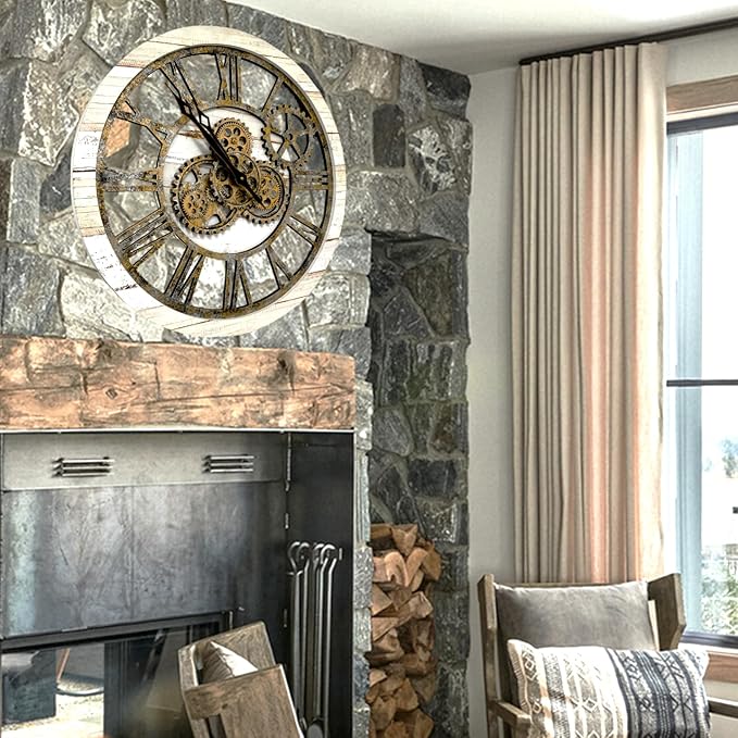 The Gears Clock The Original Real Moving Gear Wall Clock Vintage Industrial Oversized Rustic Farmhouse (24 inch (60cm), Vintage Desert Beige and Bronze)
