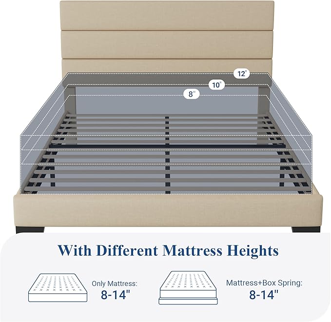 Allewie Queen Size Platform Bed Frame with Fabric Upholstered Headboard and Wooden Slats Support, Fully Upholstered Mattress Foundation/No Box Spring Needed/Easy Assembly, Beige