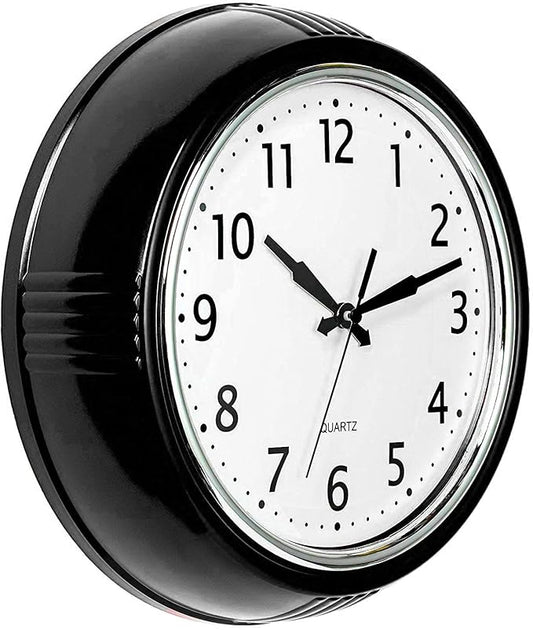 Bernhard Products Black Wall Clock Retro Silent Non Ticking 12 Inch Round Battery Operated Quality Quartz Easy to Read for Home Kitchen Office Classroom School Clocks Sweep Movement Vintage Décor