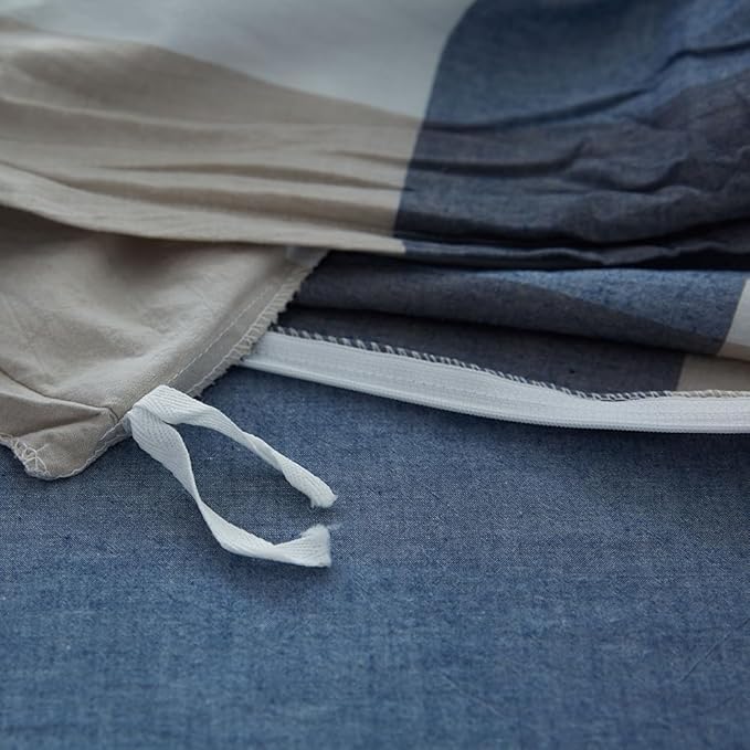 FACE TWO FACE Bedding Duvet Cover Set100% Washed Cotton Duvet Cover Linen Like Textured Breathable Durable Soft Comfy (California King, Blue and White Grid)