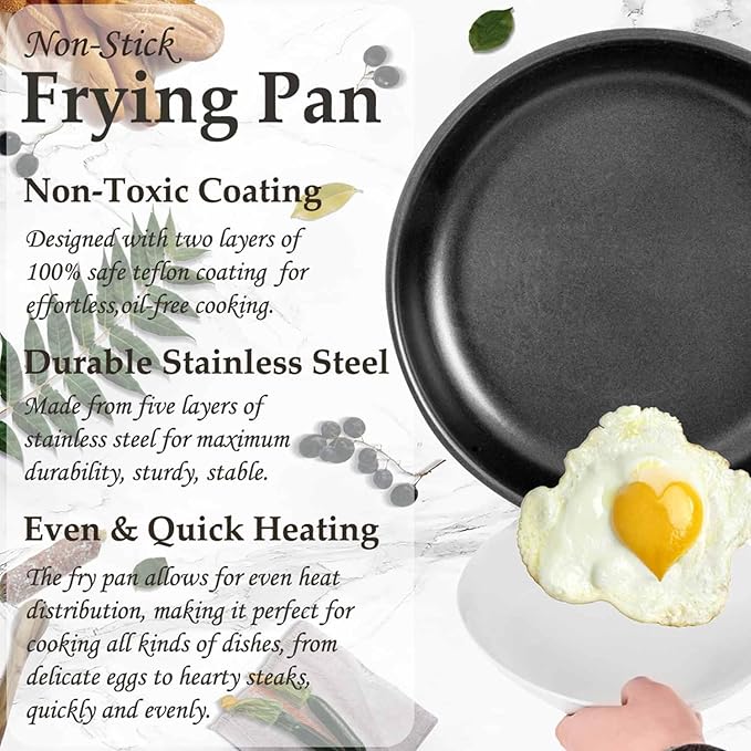 AUDANNE Nonstick Frying Pan Set Stainless Steel with Lid 6 Piece, 8 inch &10 inch & 12 inch Non Stick Fry Skillet PFOA Free, Oven Safe Non-stick Teflon Coated Induction Cooking Kichen Cookware