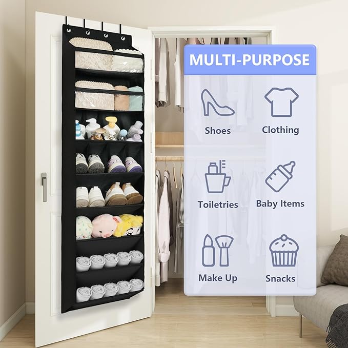 FENTEC 1 Pack 8 Shelves Over The Door Shoe Organizer, 68" Exlarge Deep Pockets Hanging Shoe Organizer, Shoe Rack for Closet, Shoe Holder for Boots,Over Door Organizer in Home, RV, Dorm, Black