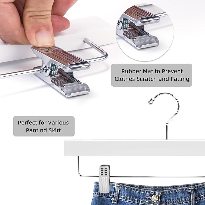 Nature Smile Wooden Pants Hangers Wood Bottom Jeans Skirt Hanger with Clips Anti Rust Hook Pack of 10 (White)