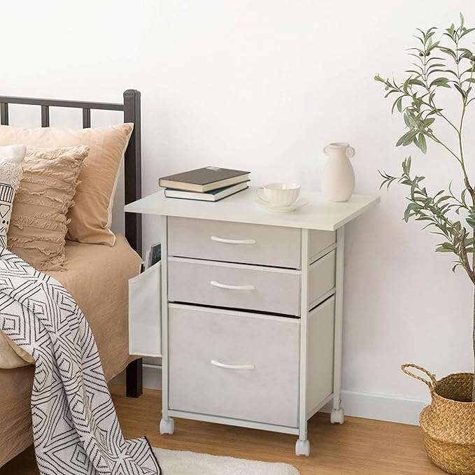 Printer Stand with 3 Fabric Drawer, Mobile File Cabinet for Home Office with Storage Bag, Rolling Under Desk Organizer Shelf, Fits A4 or Letter Size, Complete Top Plate Fast Assembly (White)