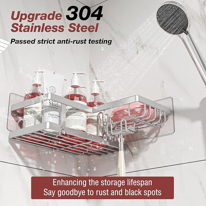 4-Pack Adhesive Corner Shower Caddy with Soap Holder, No Drilling Wall Mounted Shower Shelves-Rustproof, Organizer for Bathroom, Kitchen & Home Decor. Silver