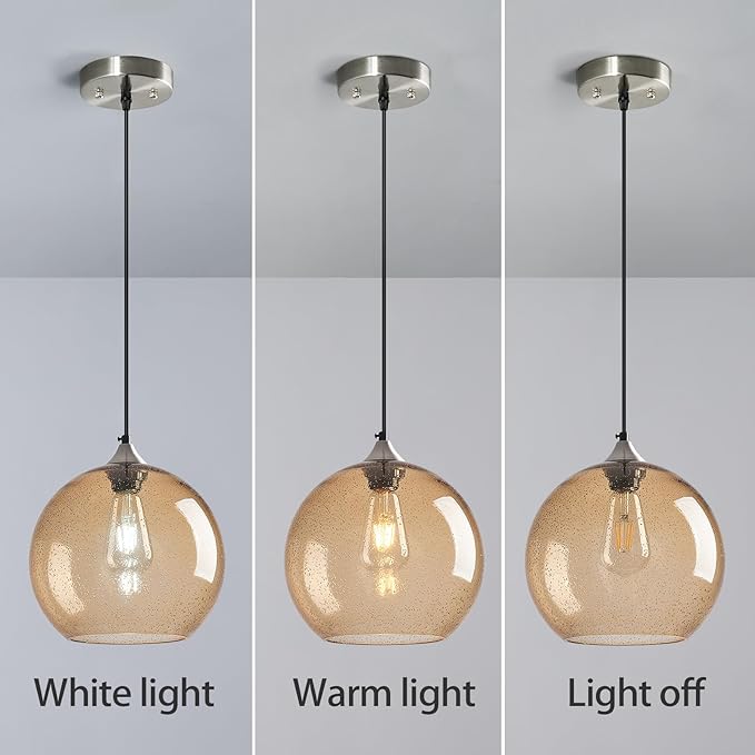 Light Brown Glass Pendant Lights Kitchen Island Globe Pendant Light Fixtures Modern Pendant Lighting for Bedroom Living Dining Room Light Fixture (9.84 in, 2 Pack)