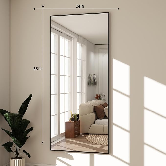 BEAUTYPEAK Full Length Mirror with Stand, 65"x24" Floor Mirror with Aluminum Alloy Thin Frame, ShatterVue Tempered Full Body Mirrors, Free Standing or Wall-Mounted Mirrors for Living Room, Black