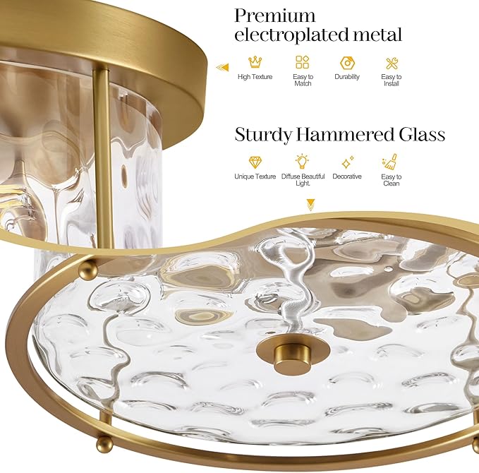 LamQee Flush Mount Ceiling Light with Clear Hammered Glass, Industrial 2-Lights Farmhouse Close to Ceiling Light Fixtures Round Low Profile Lights for Kitchen Hallway Foyer Entrance Bedroom Gold