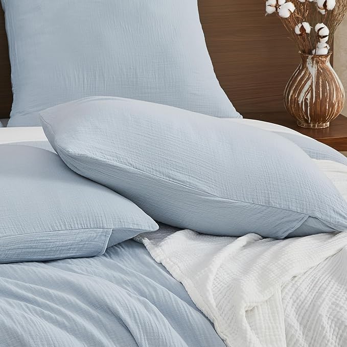 EMME Muslin Cotton Duvet Cover Set Blue King Size Linen Like Soft Breathable Lightweight Summer Comforter Cover Set with Zipper Closure (Blue, King, 104"x90")