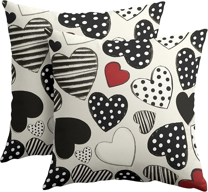 Kawani Valentines Day Pillow Covers 20x20 Inch Black and White Heart Outdoor Decorative Throw Pillow Covers Set of 2 Valentine's Day Pillowcases Farmhouse Cushion Covers for Couch Sofa Decor