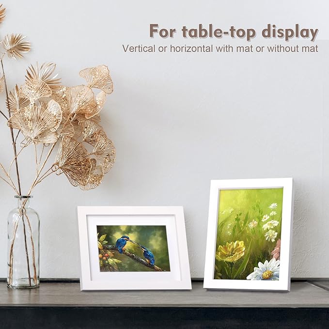 KINLINK 5x7 Picture Frame White, Solid Wood Frames with Acrylic Plexiglass for Pictures 4x6 With Mat or 5x7 Without Mat,Tabletop and Wall Display Photo Frame Set of 4