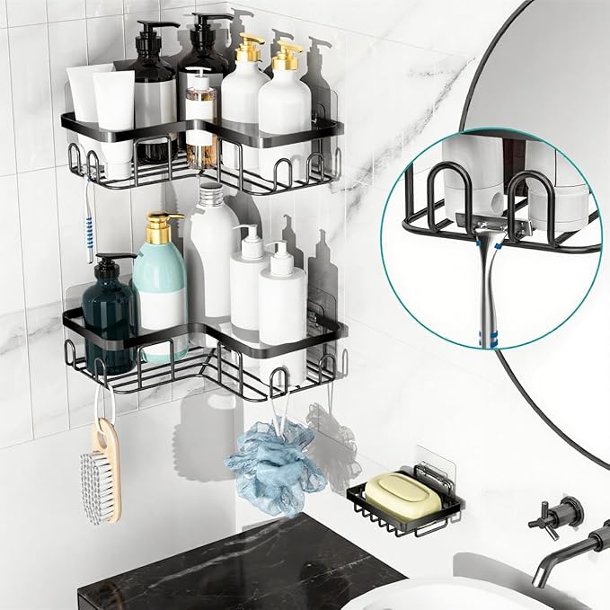 MOFOROCO 3-Pack Corner Shower Caddy Organizer Shelf, Organization with Soap Holder, Adhesive Shower Shelves Rustproof for Bathroom Shower Storage Basket Shower Accessories(Matte Black) (JLJ001)