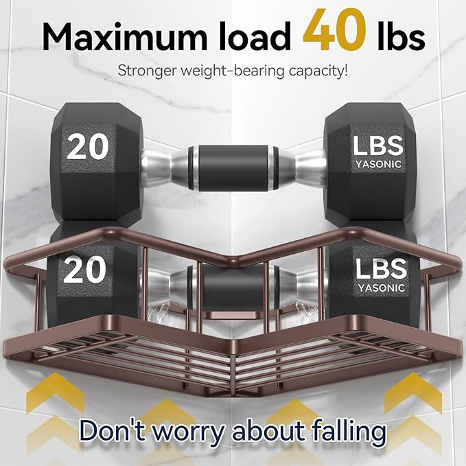 YASONIC Corner Shower Caddy Organizer, 3-Pack Self-Adhesive Rustproof Bath Shelves with Soap Holder & 4 Hooks, Large Capacity Shower Storage Rack for Bathroom Organization - Bronze