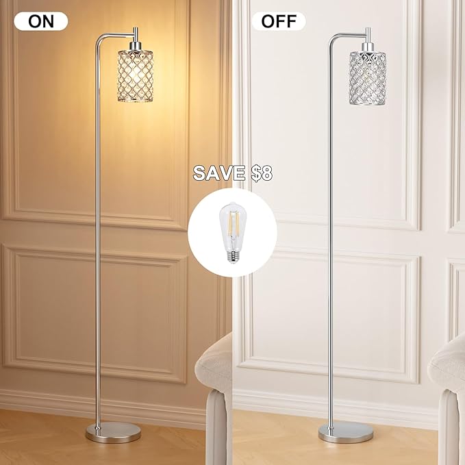 Crystal Floor Lamp - Industrial Modern Standing Lamps with LED Bulb for Living Room Bedroom Office - Silver