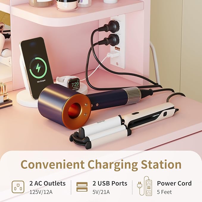 Garvee Vanity Desk with Lights | Tri-Mode LED Lighted Mirror & Charging Station | Makeup Vanity Set with 6 Shelves, 2 Drawers, Soft Cushion Stool | Dimmable Vanity Desk for Bedroom (Pink)