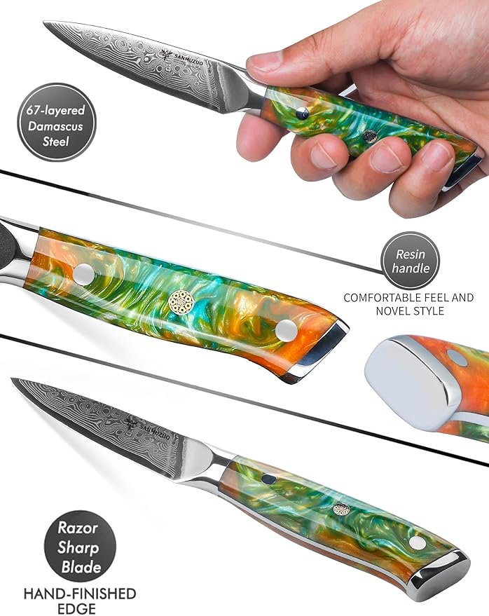 3.5 Inch Paring Knife - Kitchen Fruit Vegetable Knife Damascus Steel & Resin Handle - Xuan Series (Fantasy Orange)