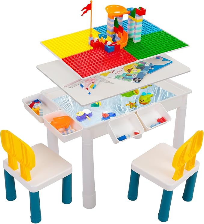 Sandinrayli 7 - in - 1 Kids Activity Table Set with 2 Chairs & 100Pcs Blocks | Water/Sand Play Table for Toddler Age 3-6 (Primary)