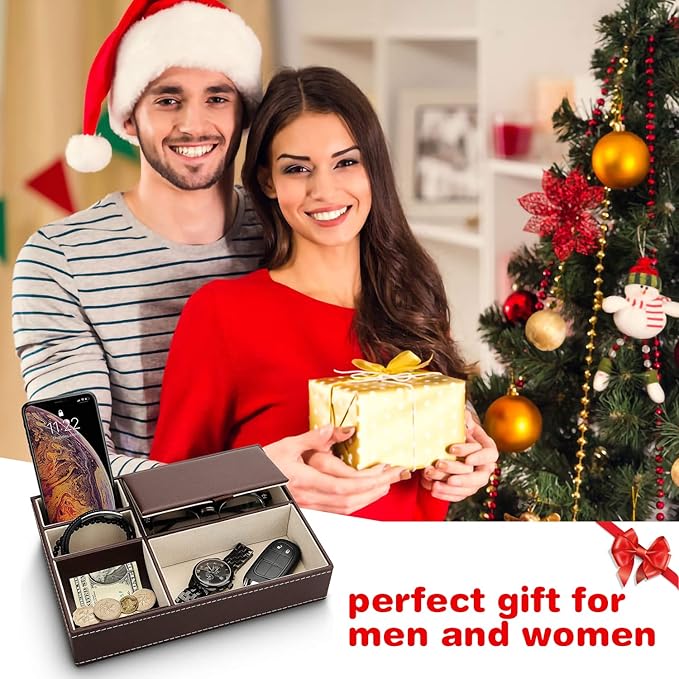 Baoyun Leather Valet Tray for Men, Mens Jewelry Organizer Box, Mens Nightstand Organizer, Leather Bedside Tray for Entryway, Dresser Organizer Countertop for Bedroom Men Room Decor