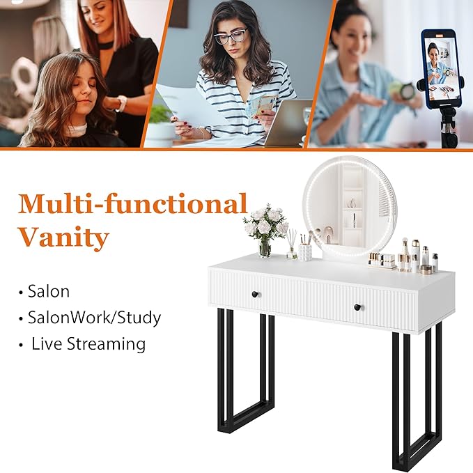 IDEALHOUSE Vanity Desk with Mirror and Lights, 49.2”H Makeup Vanity with 3 Color Lights and Adjustable Brightness, Bedroom Vanity Table with 2 Drawers, White