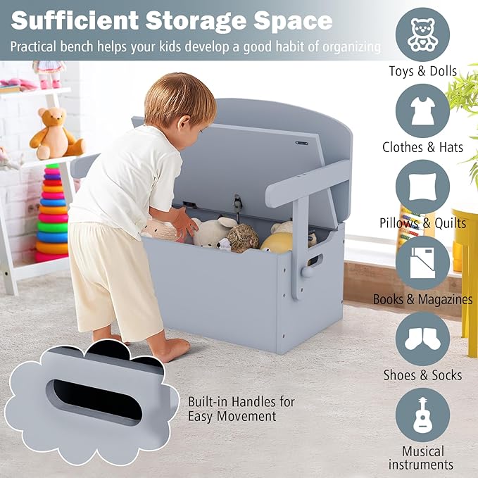 Costzon Kids Table and Chair Set, Convertible Toy Storage Bench with Built-in Handle for Kindergarten, Preschool, Kids Room, Playroom, Wood Reading Nook for Toddler Boys Girls Ages 3 to 7 (Grey)