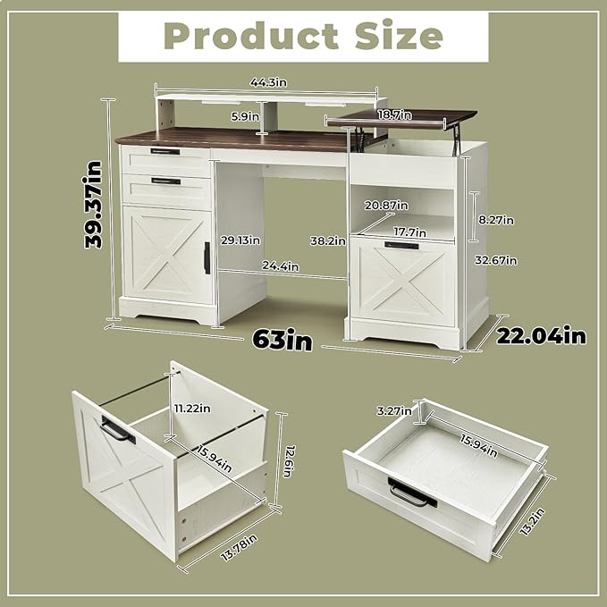 63" Executive Desk, Home Office Desk with Lift Top, Farmhouse Gaming Desk with File Drawer, Charging Station, Sensor Lights Wood Computer Table with Monitor Stand (White)