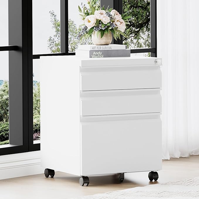 3 Drawer File Cabinet，Mobile Filing Cabinet with Lock and Wheels，Fully Assembled Metal Under Desk File Cabinets for A4/Letter/Legal Size（White