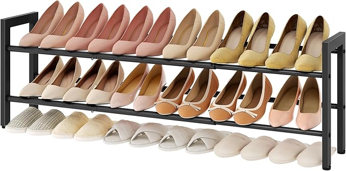 FAVOOSTY 2-Tier Expandable Shoe Rack, Adjustable Shoe Shelf Storage Organizer Space Saving Metal Free Standing Shoe Rack for Entryway Closet Doorway, Black