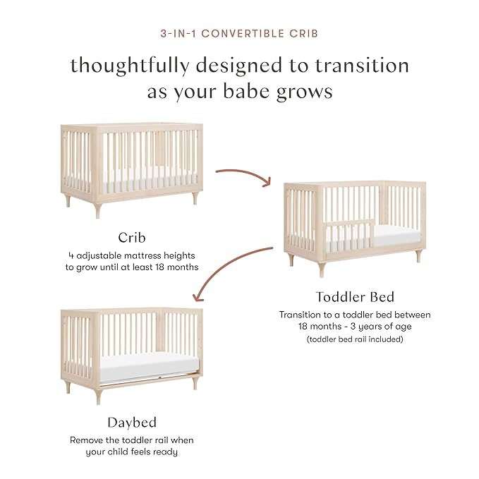 babyletto Lolly 3-in-1 Convertible Baby Crib - GREENGUARD Gold Certified Convertible Crib to Toddler Bed & Daybed - Wooden Baby Bed, 4 Adjustable Mattress Heights, Easy to Assemble - Washed Natural