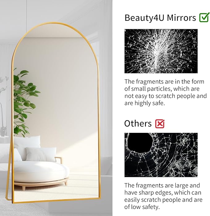 Beauty4U 76" x 34" Large Arched Full Length Mirror with Stand, Gold Wall Mounting Full Body Tempered Mirror, Metal Frame Full-Length Mirror for Living Room, Bedroom
