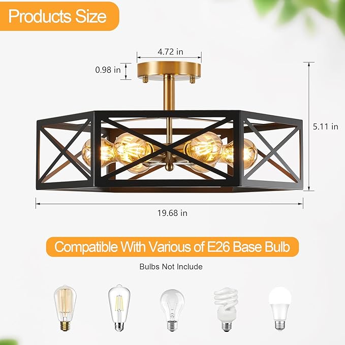 6 Light Semi Flush Mount Ceiling Light, Black Gold Ceiling Light, Industrial Hallway Light Fixtures Ceiling Mount, Modern Metal Hexagon Cage Ceiling Lamp for Kitchen, Bathroom