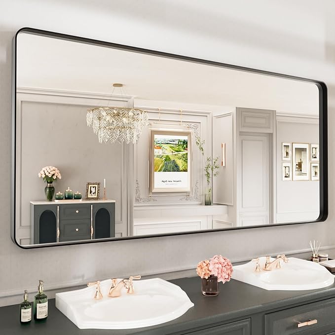 LOAAO 77X36 Inch Black Metal Framed Bathroom Mirror for Wall, Matte Black Bathroom Vanity Mirror Farmhouse, Large Rounded Rectangle Mirror, Anti-Rust, Tempered Glass, Hangs Horizontally or Vertically