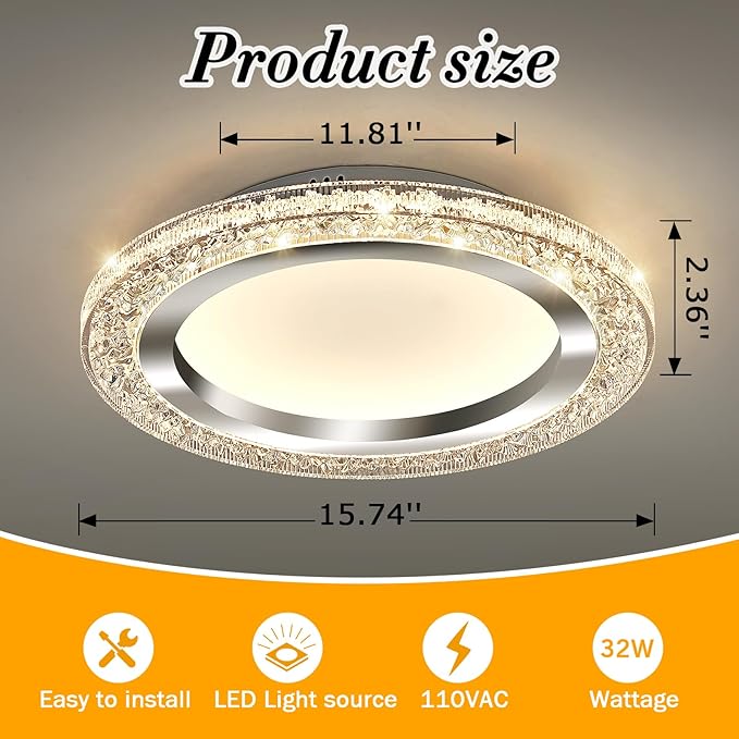 UOFUS 32W LED Flush Mount Ceiling Light Chrome 15.7inch Modern Round Ceiling Light Fixture 3000K-6000K Super Bright Circle Ceiling Lamp for Bedroom Kitchen Dining Room Entryway Hallway Foyer